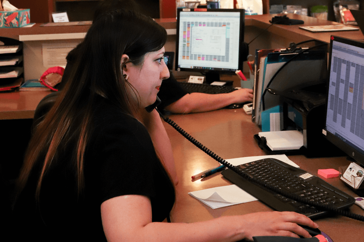A person sitting at a desk with a telephone on her hands